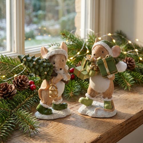 Decoração de Natal com ratos, verde, marrom, altura 8 cm, 2 peças | Floristik24.pt