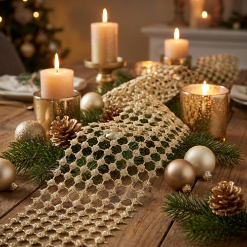 Itens Grade de caminho de mesa creme dourado com glitter L19cm C1,5m