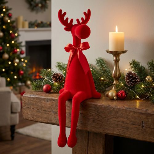 Itens Estatueta decorativa de alce com laço, sentada, revestida de veludo, para decoração de prateleira, 54 cm