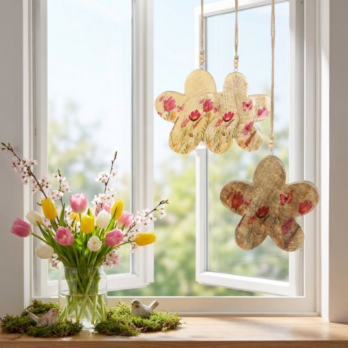 Itens Flores decorativas de madeira penduradas primavera rosa natural 16cm 3 peças