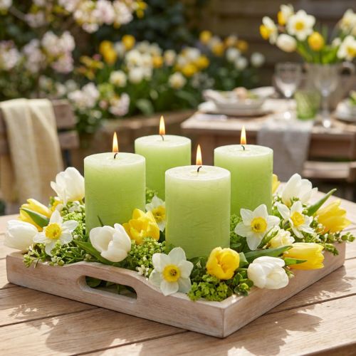 Conjunto de 4 velas de pilar tingidas de verde limão, 70×80mm - Decoração e iluminação aconchegantes | Floristik24.pt