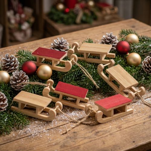 Miniatura de trenó de madeira, vermelho-natural, 4x8,5 cm, conjunto de 6 - decoração de Natal | Floristik24.pt