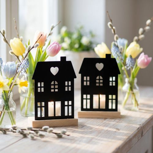 Casa de lanterna de metal preta com base de madeira Alt.15cm 2 unidades | Floristik24.pt