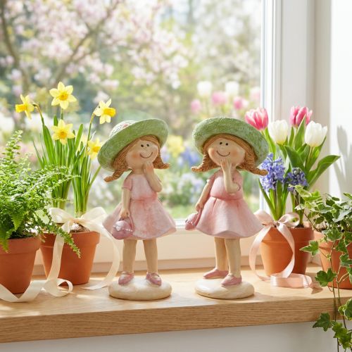 Conjunto de 2 figuras decorativas de meninas com chapéus, nas cores rosa e verde, 6,5 x 5,5 x 14,5 cm. | Floristik24.pt
