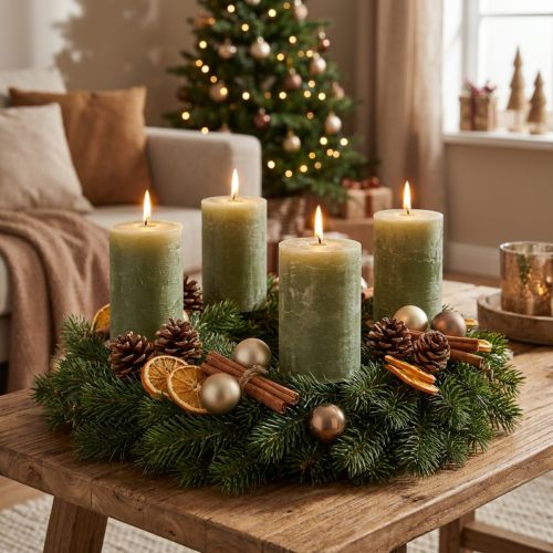 Velas cilíndricas verde-oliva sólidas, 85x120mm, 2 unidades, para coroas do Advento e decoração de mesas. | Floristik24.pt