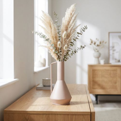 Vaso decorativo moderno em metal rosa claro, 19,5 cm; jarro decorativo de design, 38,5 cm de altura, para flores secas. | Floristik24.pt
