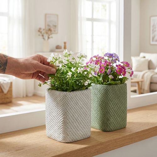 Plantador de cerâmica branco verde malha relevo 12x12cm H17.5cm 2pcs | Floristik24.pt
