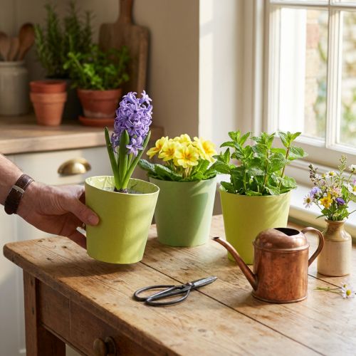 Cachepot de papel, plantador, vaso para plantar azul/verde Ø13cm H12.5cm 4pcs | Floristik24.pt