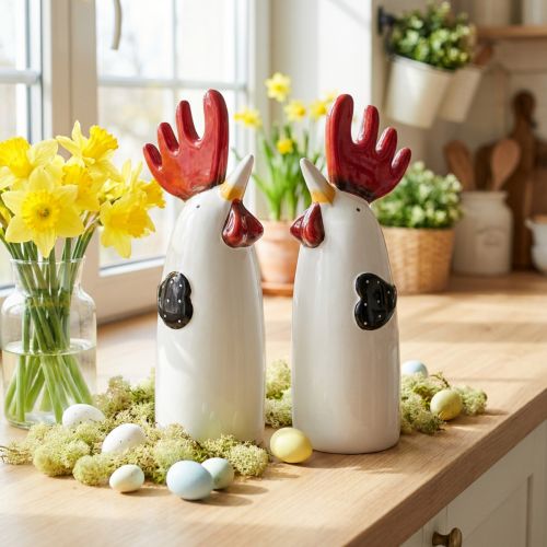 Galo Cerâmico Decoração de Cozinha Frango Branco Alt.23cm 2 unid. | Floristik24.pt
