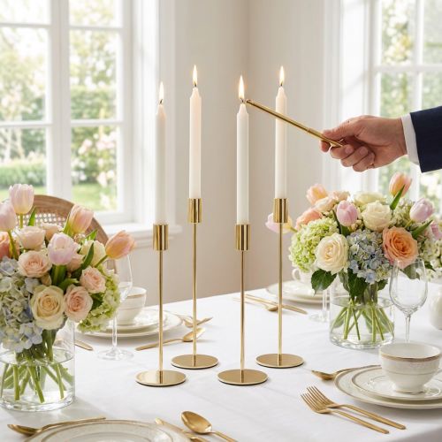 Itens Castiçal alto para vela cônica, metal dourado, 27,5 cm, conjunto com 4 peças