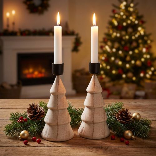 Castiçal de madeira para decoração de árvore de Natal natural H16cm 2 peças | Floristik24.pt
