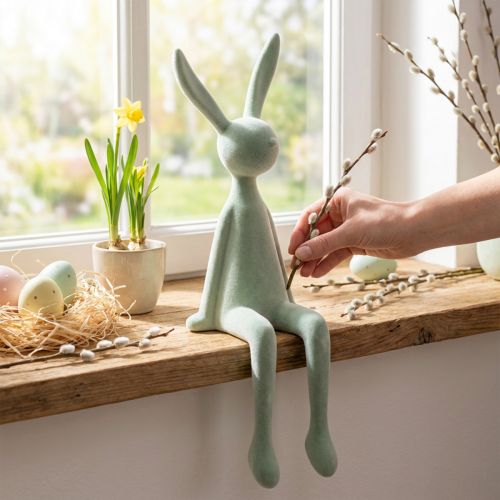 Coelhinho da Páscoa decorativo para prateleira, coelho sentado, aveludado, verde-acinzentado, 56 cm | Floristik24.pt