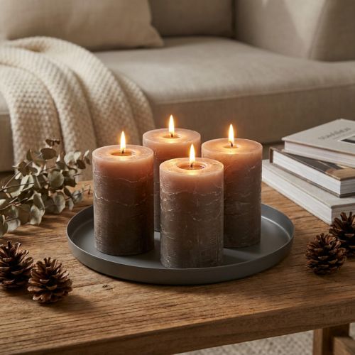 Conjunto de 4 velas de pilar marrons, cor sólida, 70x100mm, estilo rústico. | Floristik24.pt