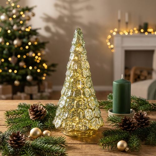 Itens Mini árvore de Natal com iluminação LED verde ouro 28cm