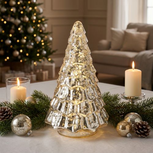 Mini árvore de Natal com luzes LED, prateada e dourada, 28 cm | Floristik24.pt