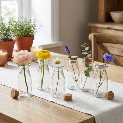 Itens Mini vasos de vidro com rolhas, 13,5 cm de altura, 5,5 cm de diâmetro, conjunto de 6 peças.
