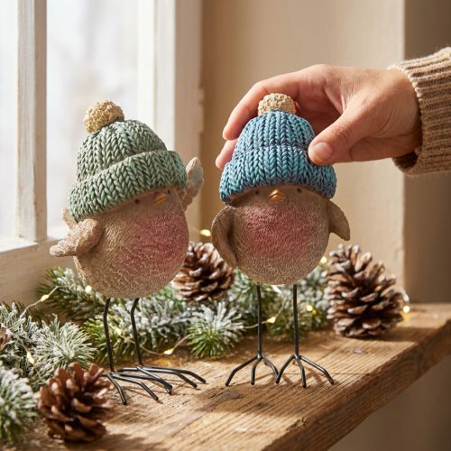 Pássaro decorativo com chapéu decoração de inverno azul verde Alt.18cm 2 unidades | Floristik24.pt