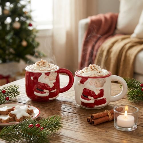 Copo de Natal de cerâmica casal de Natal vermelho branco Alt.8,5 cm 2 unidades | Floristik24.pt
