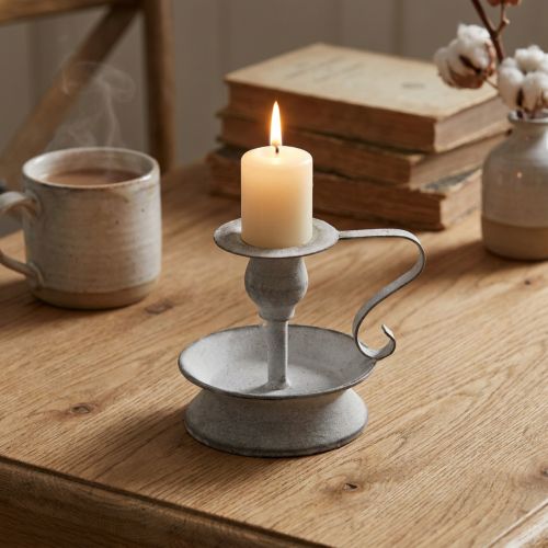 Castiçal de metal com cabo branco cinza 12,5cm | Floristik24.pt
