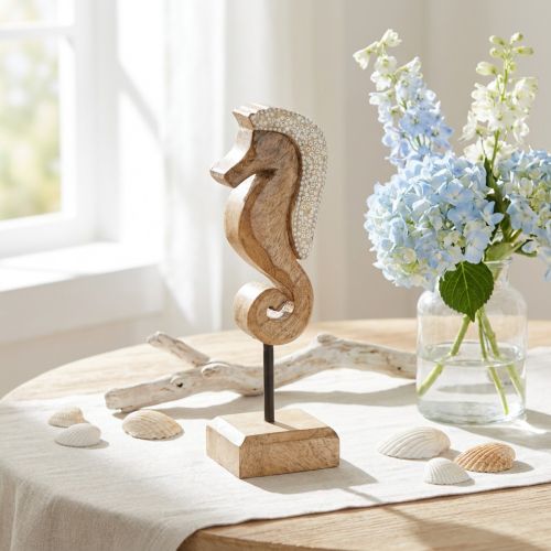 Itens Decoração madeira manga cavalo marinho com pérolas decoração mesa marítima 20cm