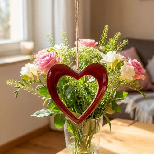 Coração de madeira, coração decorativo para pendurar, decoração de coração vermelho Alt.15cm | Floristik24.pt