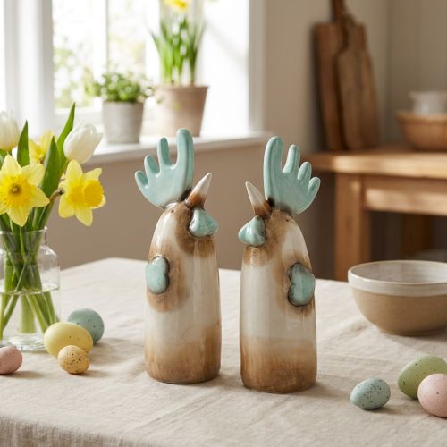 Galo de cerâmica para decoração de cozinha, nas cores azul claro e marrom, 23 cm de altura, conjunto com 2 peças. | Floristik24.pt