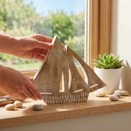 Veleiro de madeira, decoração marítima, barco de madeira cor natural, branco H23cm | Floristik24.pt