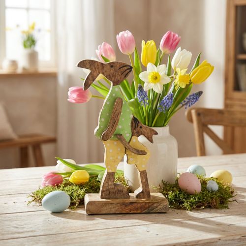 Coelhinho da páscoa com criança, decoração de primavera feita de madeira, pai coelho, natureza da páscoa, verde, amarelo H22cm | Floristik24.pt