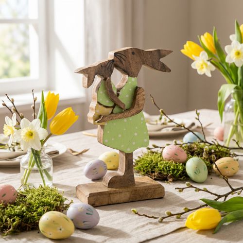Coelhinho mãe com filho, decoração de páscoa, primavera, coelhinho da páscoa madeira, natural, verde, amarelo A22cm | Floristik24.pt