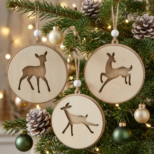 Pingente com cervo, medalhão de decoração, decoração de madeira, Advento Ø9,5cm 6pcs | Floristik24.pt