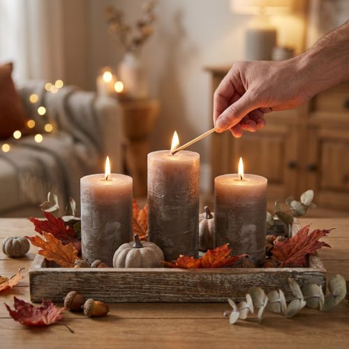 Conjunto de 4 velas rústicas em formato de pilar, na cor marrom sólida, 70x80mm; velas decorativas de alta qualidade para um ambiente aconchegante. | Floristik24.pt