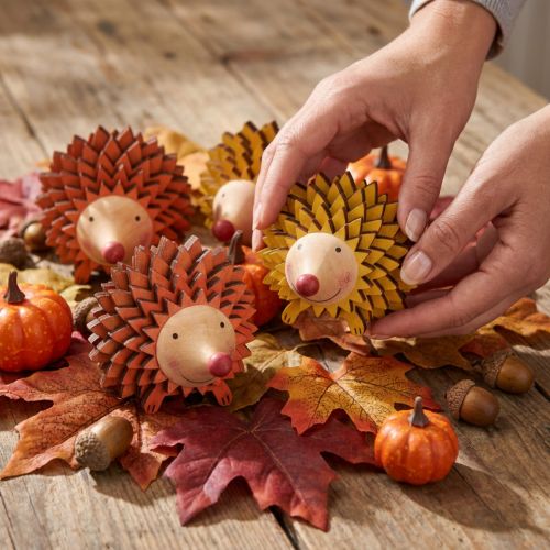 Figura de madeira para decoração de ouriço outono laranja amarelo 8×7×6cm 4 peças | Floristik24.pt