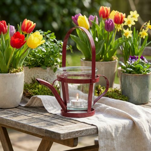 Lanterna de vidro decorativo regador metal vermelho Ø14cm Alt.13cm | Floristik24.pt