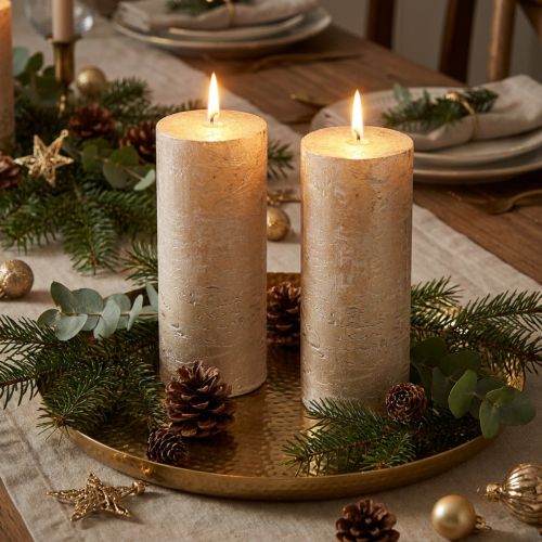 Conjunto de 2 velas de pilar, cor dourada clara sólida, 85×200mm - Longa duração, decoração de mesa elegante | Floristik24.pt