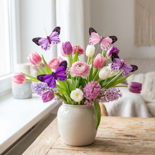 Borboleta decorativa em arame borboletas de penas roxo/rosa 9,5cm 12uds | Floristik24.pt
