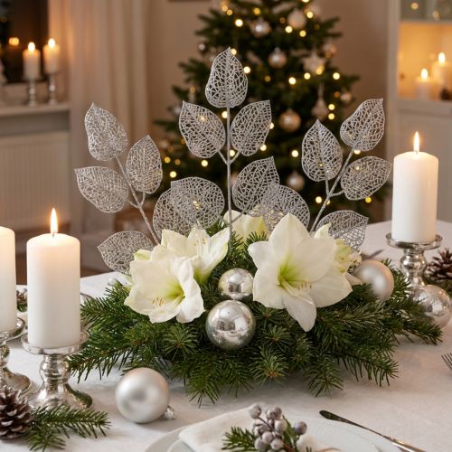 Plantas artificiais, decoração de galhos, folhas decorativas glitter prateado L36cm 10 un | Floristik24.pt