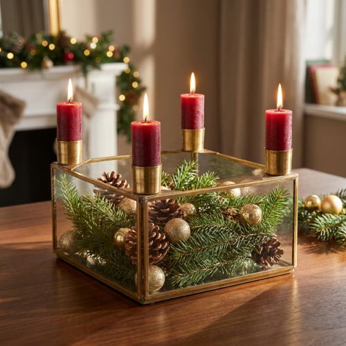 Itens Castiçal espelho Advento para enchimento dourado 15×15×10,5cm