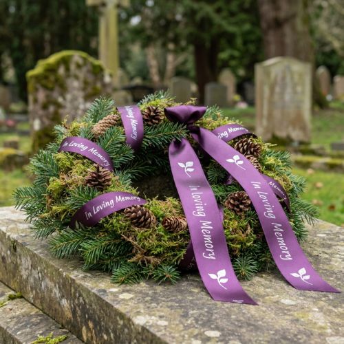 Itens Fita de Luto em Prata Roxa In Loving Memory 15mm 25m