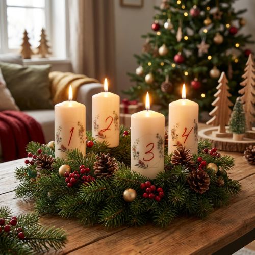 Conjunto de 4 velas para coroa do Advento, cor creme, com motivo natalino, cores RAL. Fabricado na Alemanha. 130/70mm. | Floristik24.pt