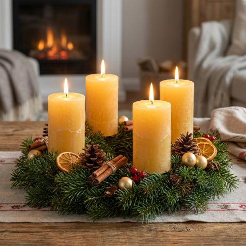 Velas rústicas em formato de pilar, totalmente tingidas de amarelo, para coroas e lanternas do Advento, conjunto de 4, 70/140 mm | Floristik24.pt