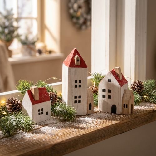 Itens Conjunto de casinhas decorativas de madeira, vermelhas e brancas, decoração de inverno com várias peças, 13 cm, 6 peças
