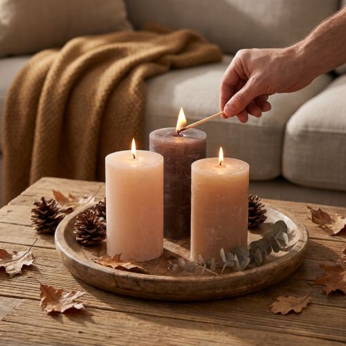 Velas decorativas em formato de pilar, em três tons de marrom, cor sólida, 70x120mm, conjunto de 12 unidades para criar um ambiente aconchegante em casa. | Floristik24.pt