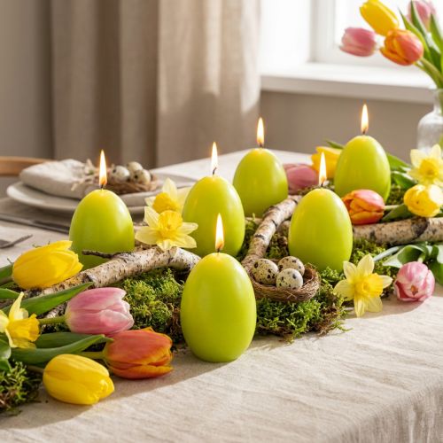 Velas de Páscoa em formato de ovo, verde limão, 9 cm, 20 h, 6 unidades | Floristik24.pt