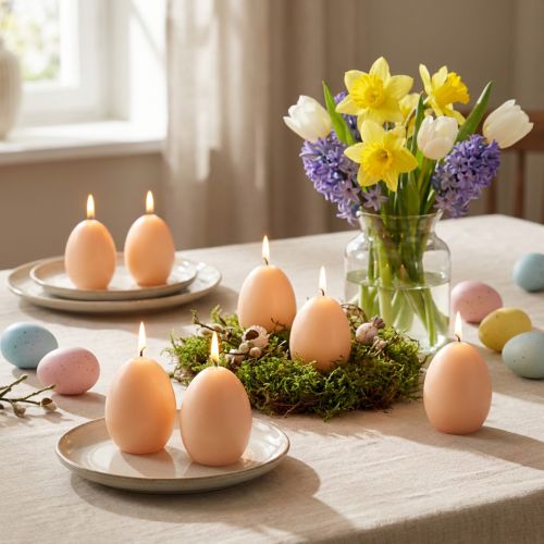 Velas de Páscoa em formato de ovo, com estampa de pêssego, Ø6cm, A9cm, 6 unidades | Floristik24.pt