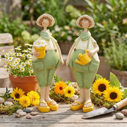 Conjunto de 2 estatuetas decorativas de jardineiros para mesa, tema verão, nas cores verde e amarelo, 16,5 x 5,5 cm. | Floristik24.pt