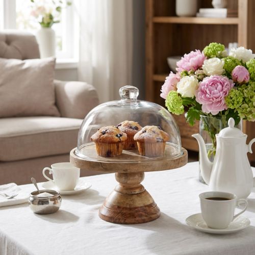 Prato de madeira com cúpula de vidro, sino de vidro decorativo, Ø27cm A31cm | Floristik24.pt