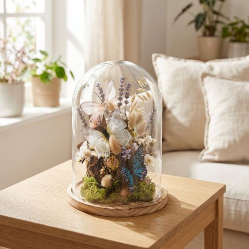 Sino de vidro em bandeja de madeira, frasco de vidro, transparente, natural, Ø17cm, A24cm | Floristik24.pt