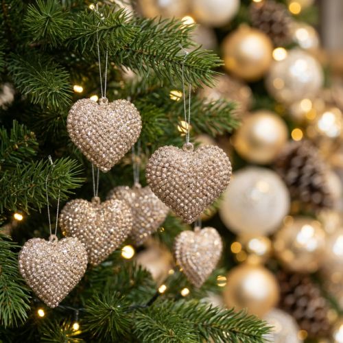 Coração glitter para pendurar champanhe 6cm x 6,5cm 12 un | Floristik24.pt