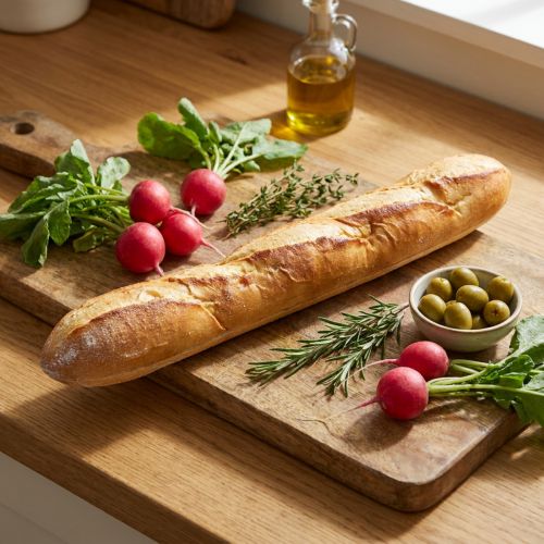 Itens Réplica decorativa de baguete de 38 cm - Alimento artificial, imitação de pão para vitrines e decoração de cozinha.