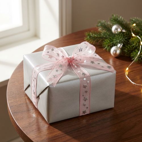 Itens Fita de Natal organza rosa com motivo estrela 15mm 20m